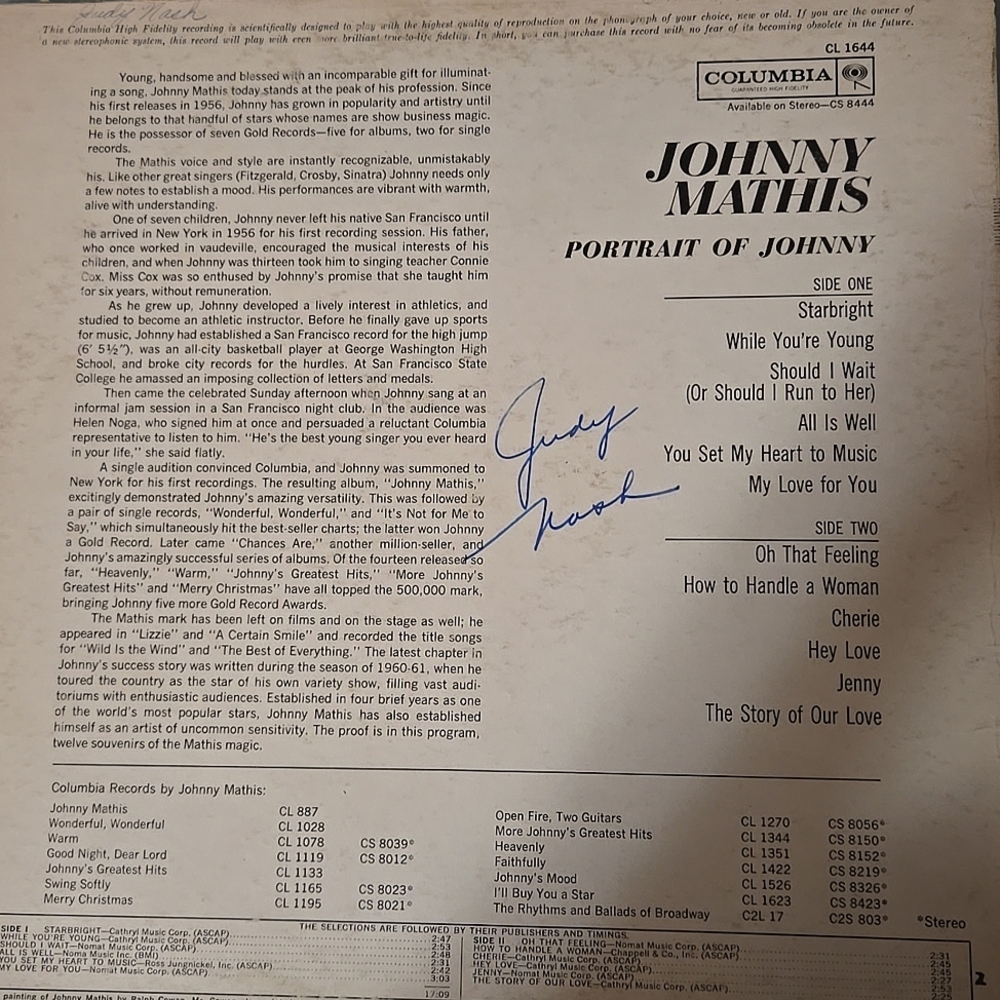 Portrait of Johnny - Johnny Mathis Vinyl Album 1961 - Picture 4 of 10